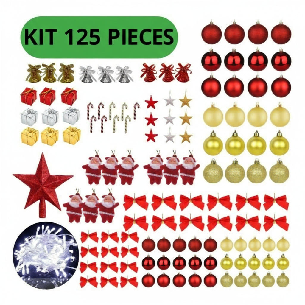Kit 125 Christmas Tree Ornaments Hanging Balls LED Lights