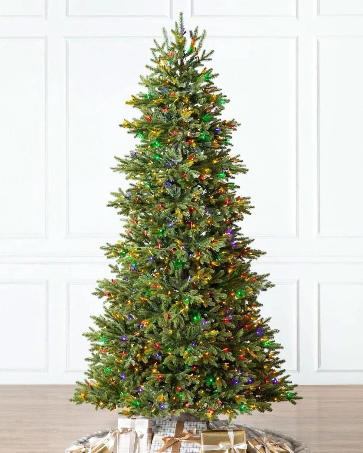 Norway Spruce Christmas Tree with Hinged Branches, Metal Stand and Built-in Colorful Micro LEDs