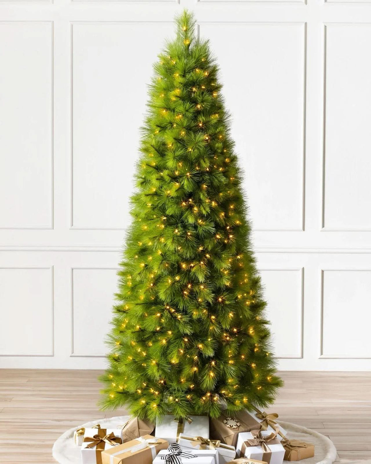 Slim Monterey Pine Christmas Tree with Hinged Branches, Metal Stand and Built-in Micro LEDs