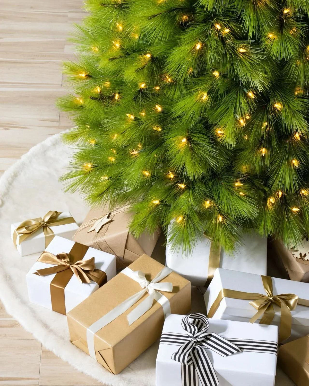 Slim Monterey Pine Christmas Tree with Hinged Branches, Metal Stand and Built-in Micro LEDs